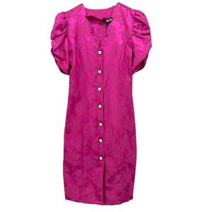 Vintage 80s By Choice Puff Sleeve Dress Size S Jacquard Pink Button Front